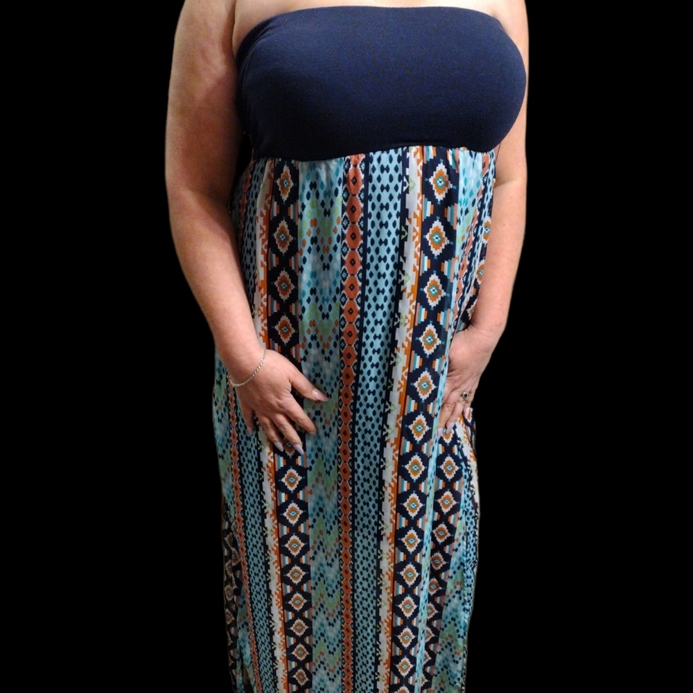 Like New Strapless Xhilaration Maxi Dress Sz Large Colorful Tribal Boho Design